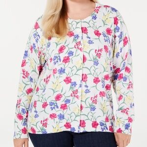 Karen Scott Women's Bright White Combo Floral Button-Up Crew Neck Cardigan Plus